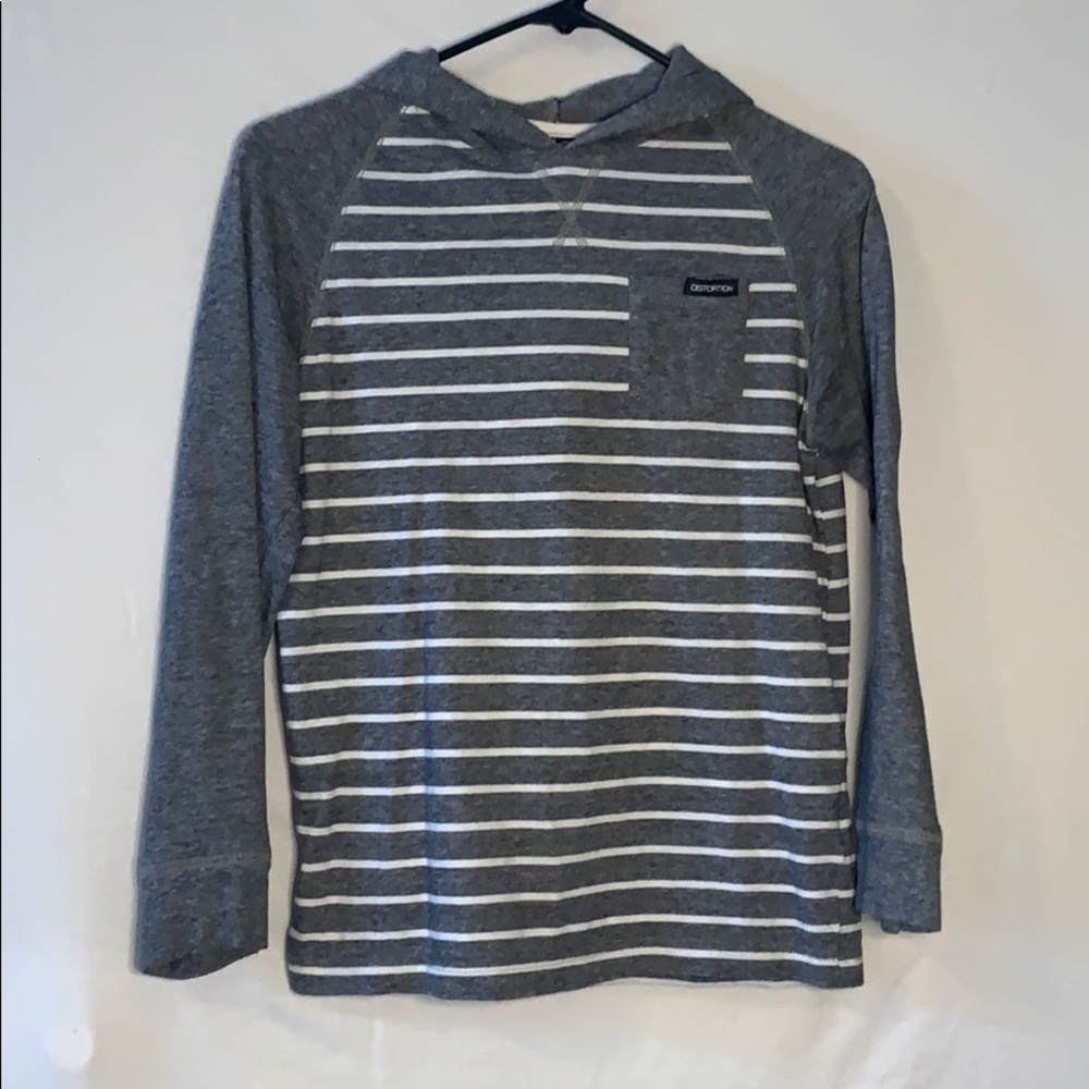 Gray and white striped long sleeve hooded tee
